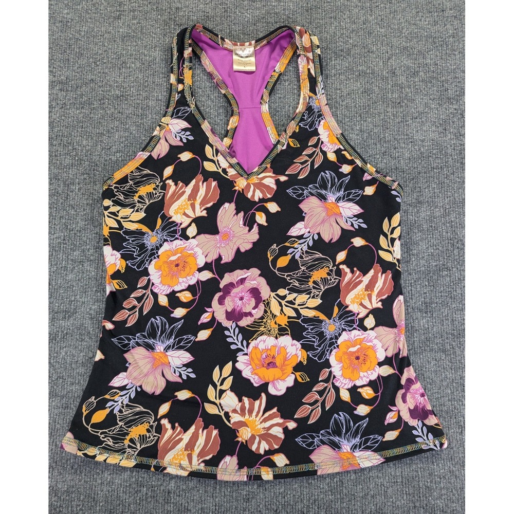 Autumn Teneyl Floral Racerback Tank Top Built-in Shelf Bra Black Orange Purple L